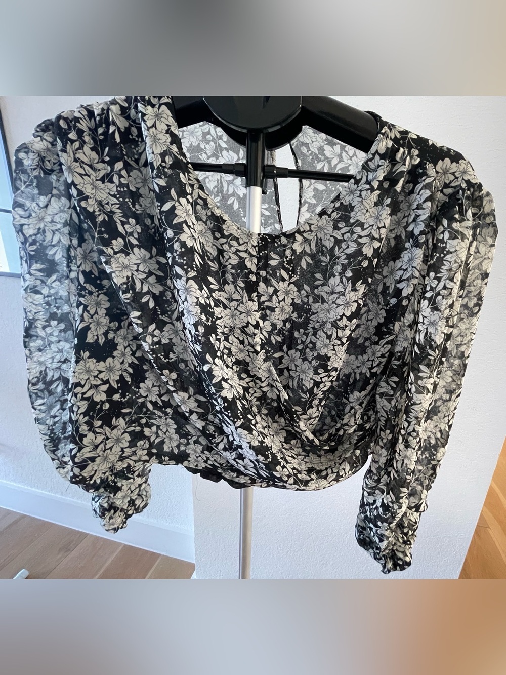 Zara Black and White Floral Wrap Blouse